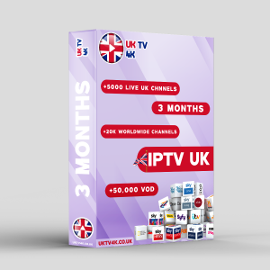 3D rendered box advertising UKTV4K 3-month IPTV subscription with channel and VOD details.
